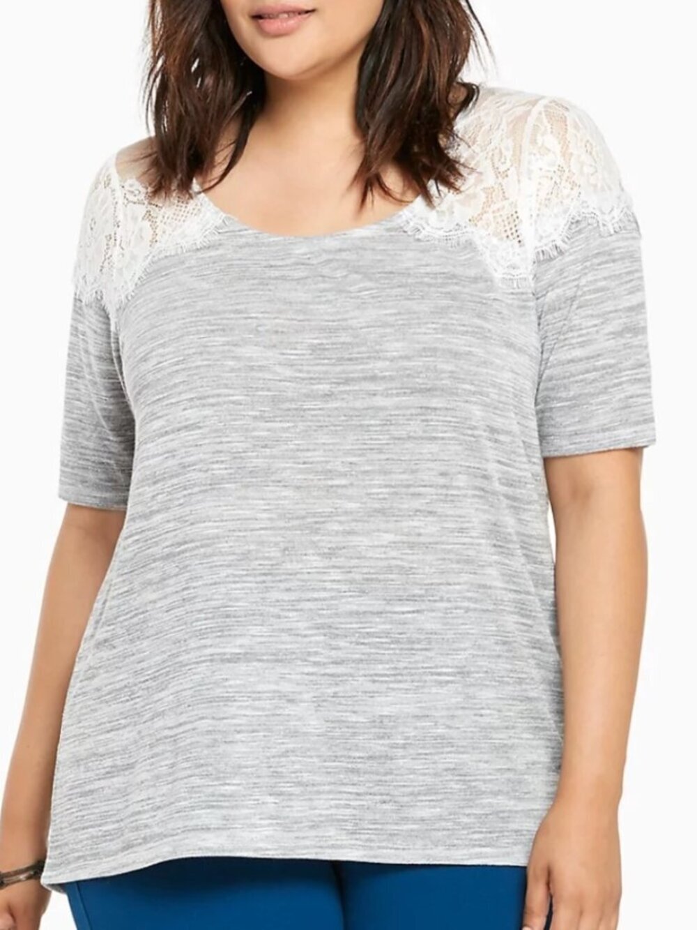 TORRID 1 ? Plus Size Hacci Knit Lace Yoke Top Light Gray Grey Short Sleeve 2010s